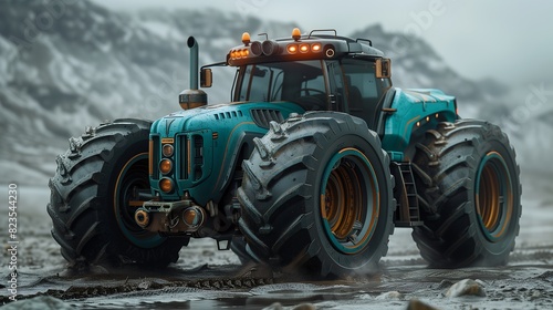 Picture tractor civilization thriving millennium ahead boasting autonomous farming capability powered fusion reactor equipped soil analysis sensor optimized planting design seamlessly integrates natur