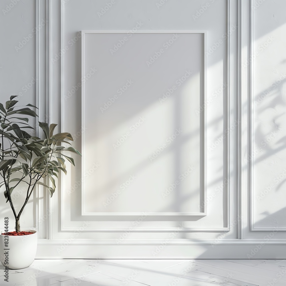 Minimalist interior with blank white frame and potted plant in bright natural light and shadows.