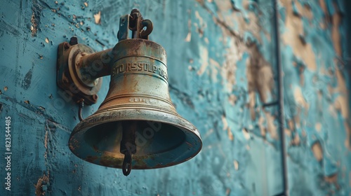Vintage school bell mounted on a wall, captured in close-up to show intricate details, signaling the beginning and end of classes photo