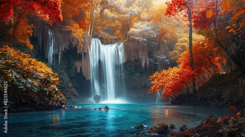 A majestic waterfall surrounded by colorful trees.