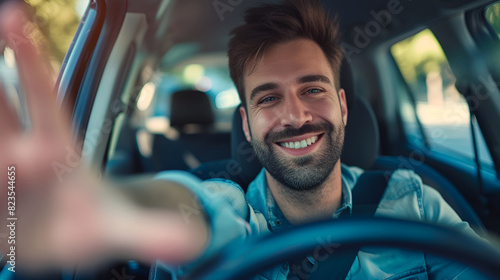 A happy man is seated at the steering wheel of a car, enjoying the drive