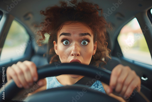 A fearful young woman is behind the wheel, driving the car