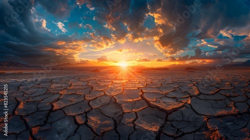 A cracked desert landscape under the setting sun, symbolizing dry and arid conditions due to climate change.
 photo