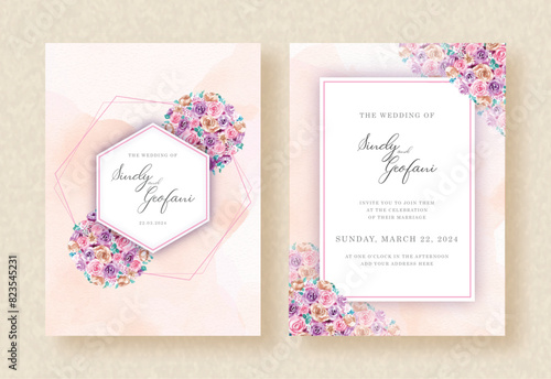 colorful flowers arrangement with hexagon frame on wedding invitation background