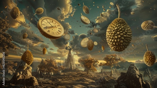 15. Surrealist dreamscape featuring a durian floating in a surreal landscape with melting clocks and distorted perspectives photo