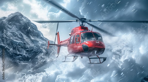 Red helicopter flying over the mountain in storm clouds, rescue and saving people from an earthquake or powerful explosion.