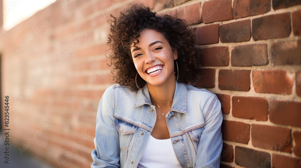 a young woman with a radiant smile, casually leaning against a brick wall a young woman with a radiant smile, casually leaning against a brick wall