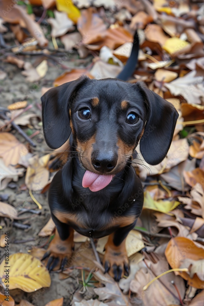 Adorable dachshund puppy joyfully playing in colorful autumn leaves, with its tongue out