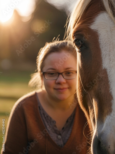 Heartwarming bond between young woman with Down syndrome and horse. Experience of the power of equine therapy during beautiful summer day.