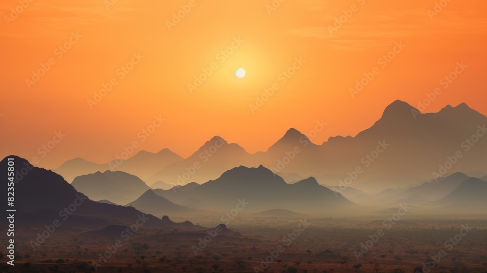 Naklejka premium African landscape with mountains silhouettes and sunset 