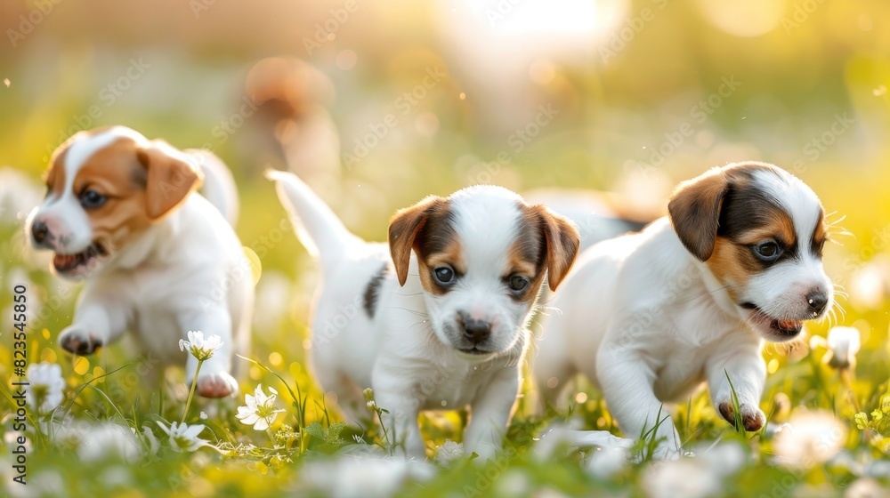 Assorted playful puppies of different breeds having fun in a sunny backyard environment Assorted playful puppies of different breeds having fun in a sunny backyard environment