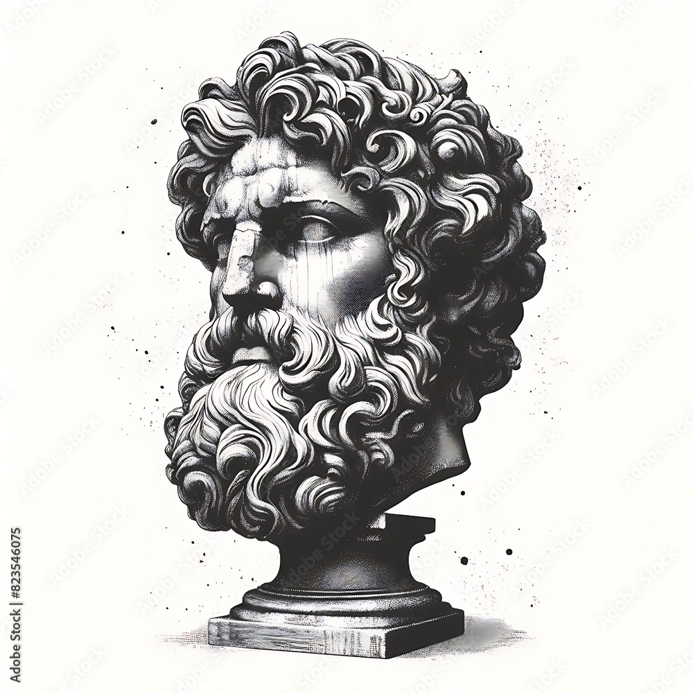 Antique bust of the god Janus on a white background, with a grainy texture, vintage illustration
