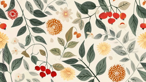 23. Scandinavian folk art-inspired durian illustration, featuring stylized floral motifs and simple yet charming design elements photo