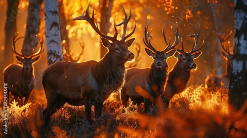 Two deer are standing in a field of tall grass. The sun is setting behind them, casting a warm glow over the scene.

 photo