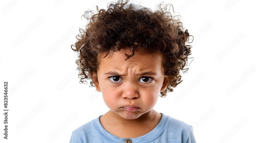A cute mixed race toddler with curly hair and an angry expression, crying in tears, isolated on a white background.
A cute mixed race toddler with curly hair and an angry expression, crying in tears, isolated on a white background.