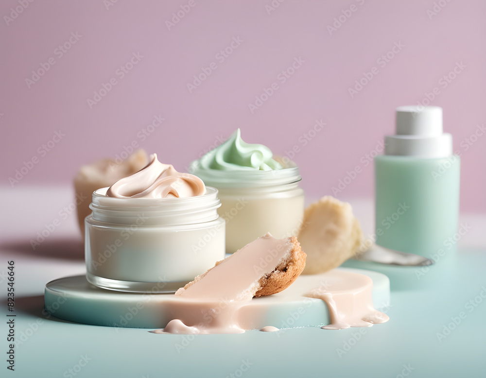 empty white plastic jars, bottles and tubes for cosmetics on blue background. empty white plastic jars, bottles and tubes for cosmetics on blue background.