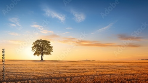  Alone tree and wheat field at sunrise 