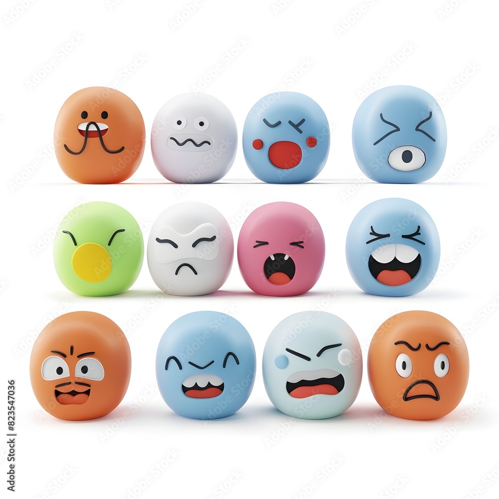 Diverse Collection of Cute 3D Clay Emotion Icon Characters on White Background Diverse Collection of Cute 3D Clay Emotion Icon Characters on White Background