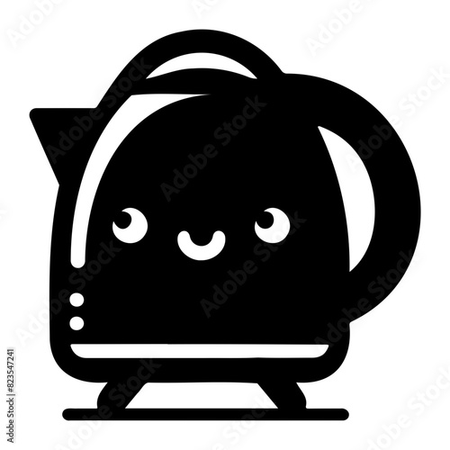 Silhouette of a cute electric kettle with a smiling face. Black and white vector illustration of a kawaii kettle. Kitchen appliance and character concept. Design for poster, banner, and print