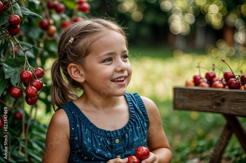 little blonde caucasian girl eating red cherries in summer