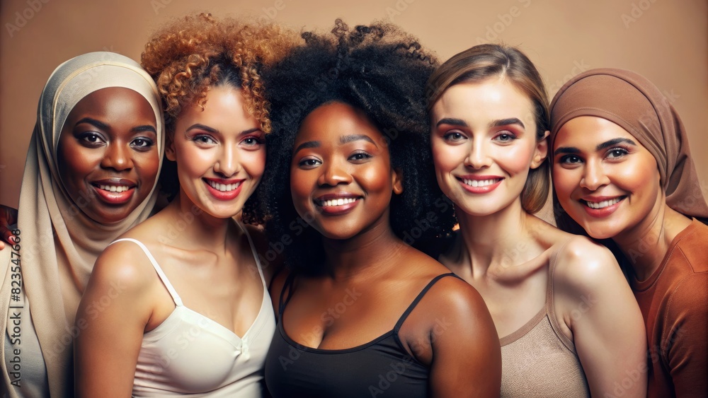 Obraz premium Face portrait, diversity and beauty of women in studio isolated on a brown background. Makeup cosmetics, skincare and group of female models with healthy or glowing skin after spa facial treatment.