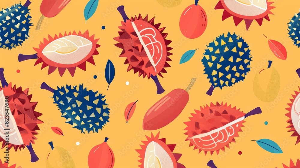 63. Flat design illustrations of durian fruits arranged in a pattern, with minimalist shapes and vibrant colors creating a modern and playful aesthetic 63. Flat design illustrations of durian fruits arranged in a pattern, with minimalist shapes and vibrant colors creating a modern and playful aesthetic