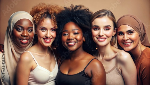 Face portrait  diversity and beauty of women in studio isolated on a brown background. Makeup cosmetics  skincare and group of female models with healthy or glowing skin after spa facial treatment.