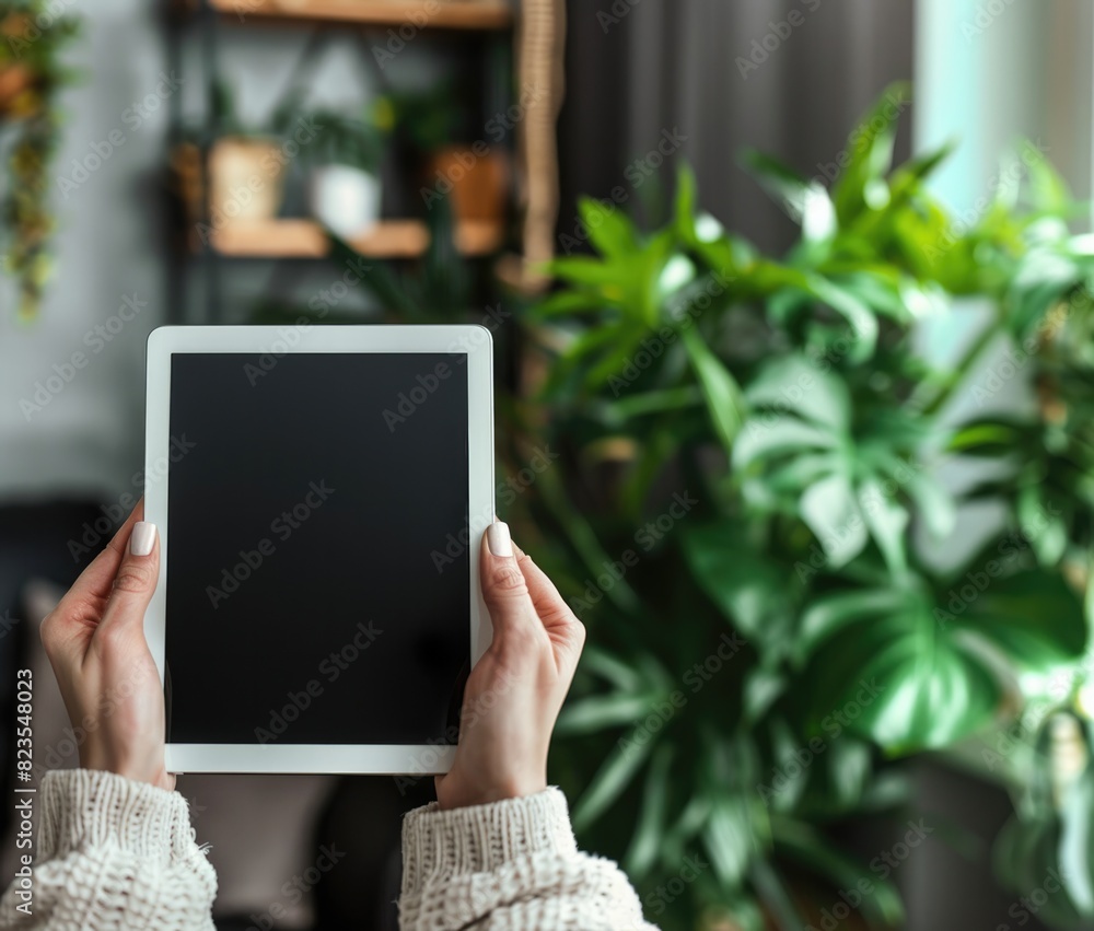 Hand holding digital tablet blank screen on indoor background. Close up view. Hand holding digital tablet blank screen on indoor background. Close up view.