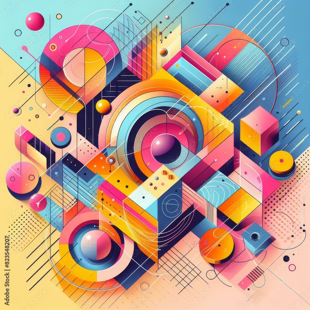 A vibrant abstract composition of geometric shapes and lines, bursting with color and energy. A vibrant abstract composition of geometric shapes and lines, bursting with color and energy.