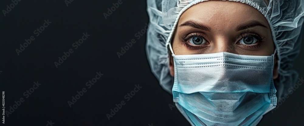 A nurse wearing a surgical mask and cap over her head, looking at the camera with a dark background A nurse wearing a surgical mask and cap over her head, looking at the camera with a dark background