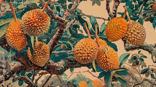 68. Japanese Ukiyo-e prints of a durian orchard in bloom, with bold outlines and vibrant colors characteristic of traditional Japanese woodblock prints photo