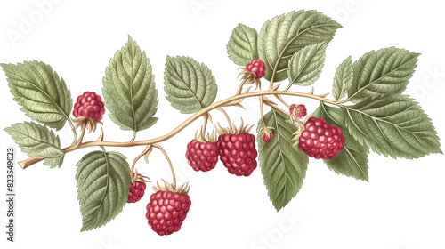 vintage botanical illustration of raspberries, with leaves on the branch, isolated background © andreusK