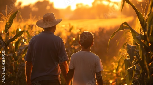 A farmer and his son walking through a cornfield  seen from behind with golden sunlight illuminating their faces as they gaze at distant crops. nature and agriculture.  