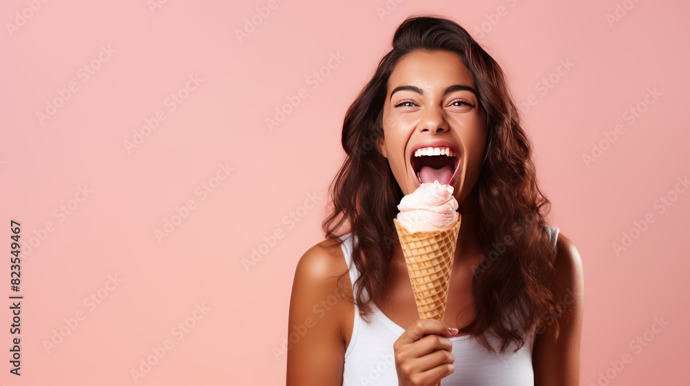 Happy young woman with sweet ice-cream in waffle cone Happy young woman with sweet ice-cream in waffle cone