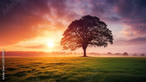 sunrise behind a large tree on the meadow