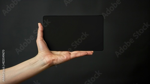 A person is holding a black tablet in their hands. The tablet is in the center of the image and the person's hands are on either side of it. The background is a dark wood table.