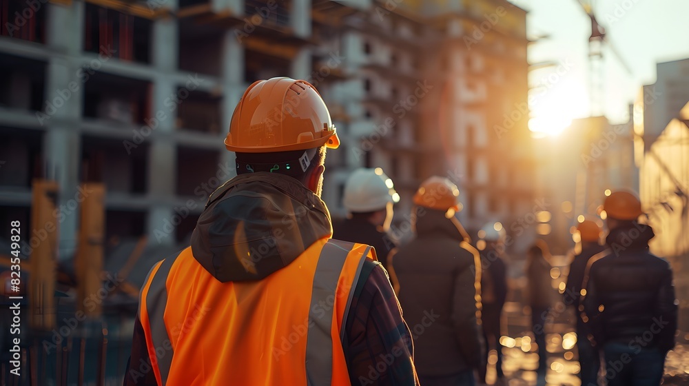 A group of construction workers standing in front, one worker wearing an orange helmet and black work vest. The background is a building site under sunny skies.
A group of construction workers standing in front, one worker wearing an orange helmet and black work vest. The background is a building site under sunny skies.