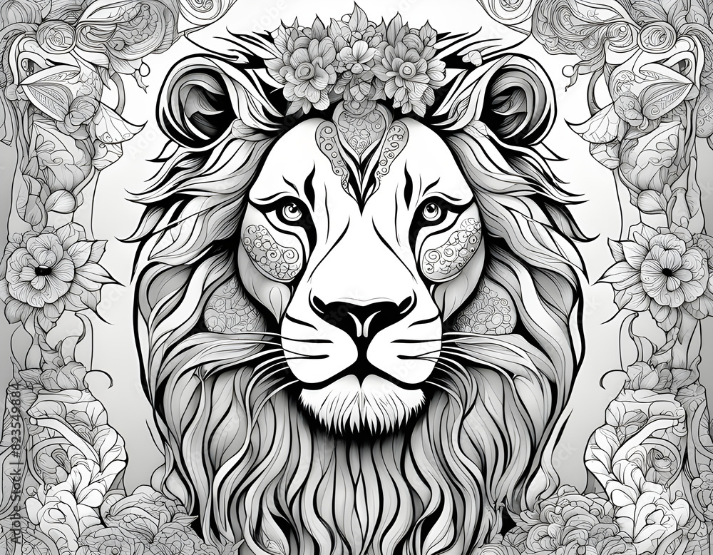 Artistic coloring page of Lion with intricate patterns and floral backdrop Artistic coloring page of Lion with intricate patterns and floral backdrop