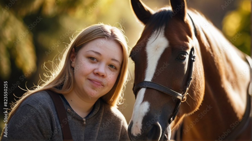 Obraz premium Heartwarming bond between young woman with Down syndrome and horse. Experience of the power of equine therapy during beautiful summer day.