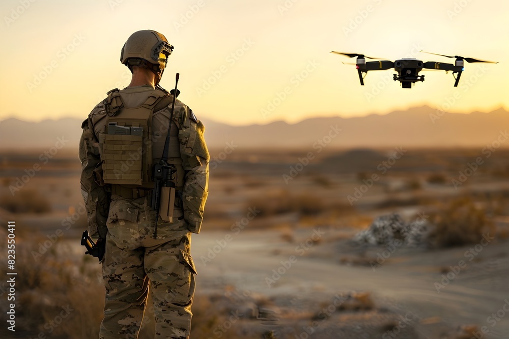 Soldier Utilizing Drone Technology for Military in Rugged Desert Environment