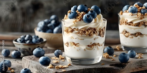 Greek yogurt parfait with fresh blueberries and granola on wooden background. Concept Food Photography, Healthy Eating, Breakfast Ideas, Fresh Ingredients, Organic Eating