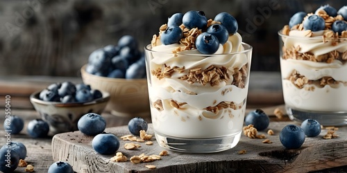 Greek yogurt parfait with fresh blueberries and granola on wooden background. Concept Food Photography, Healthy Eating, Breakfast Ideas, Fresh Ingredients, Organic Eating photo