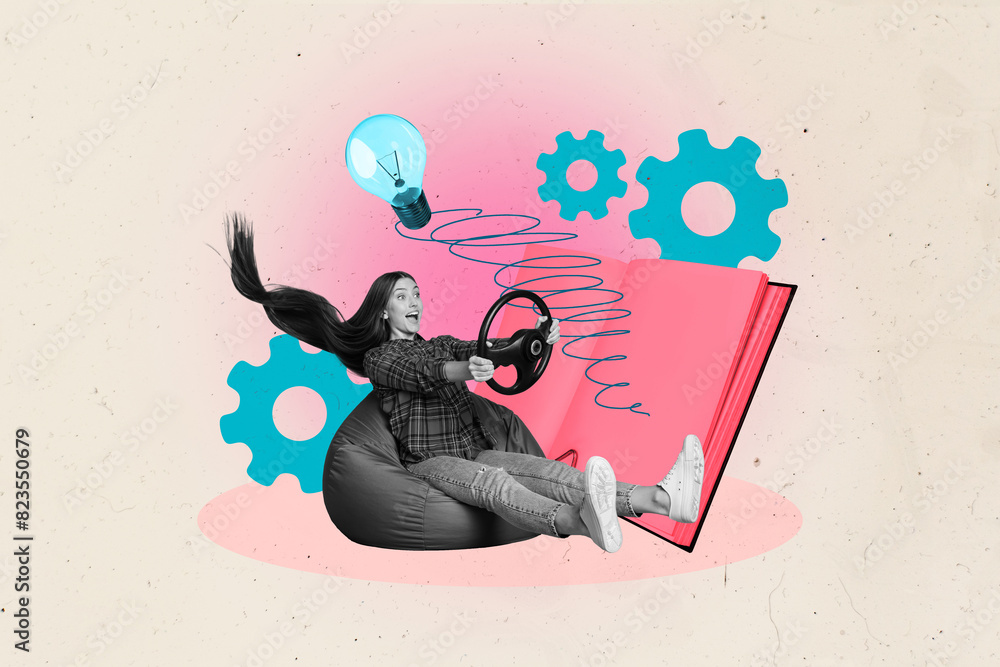 © deagreez - 3D photo collage composite trend sketch image of workspace cogwheel virtual space smart idea lamp young lady hold car wheel sit beanbag © deagreez - 3D photo collage composite trend sketch image of workspace cogwheel virtual space smart idea lamp young lady hold car wheel sit beanbag