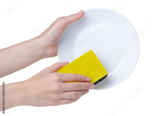 White plate with clean sponge in hand on white background isolation