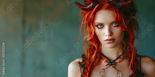 Stunning woman with fiery red hair rocks Halloween as a devil. Concept Halloween Photoshoot, Fiery Red Hair, Devil Costume, Stunning Woman, Spooky Vibes photo