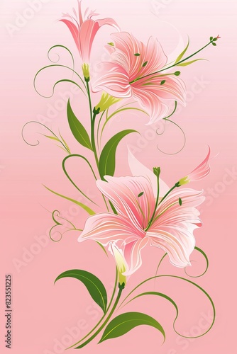 Pink Flower and Green Leaves on Pink Background