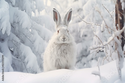 A serene white rabbit camouflaged in a snow-covered forest setting
