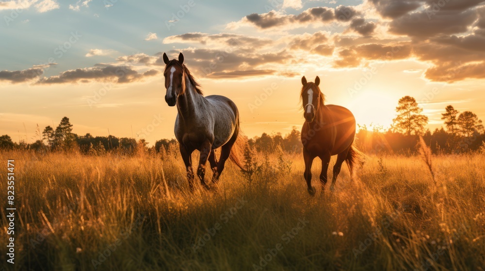 Thoroughbred horses walking in a field Thoroughbred horses walking in a field