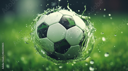 soccer ball on green grass with water splash