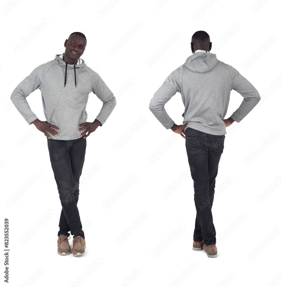 front and back view of same man legs crossed on white background front and back view of same man legs crossed on white background